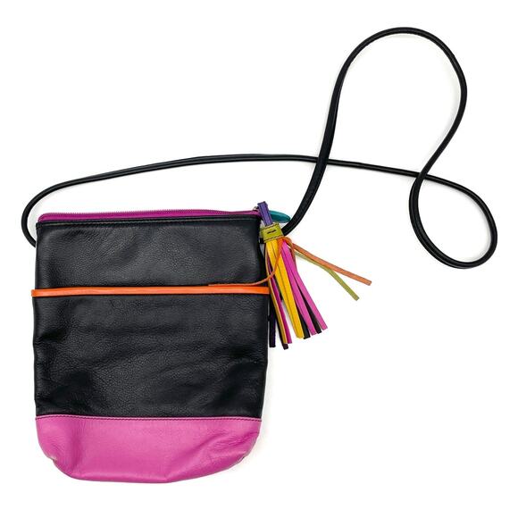 ILI New York Leather Crossbody Bag Colorblock Pink Black‎ Tassel Y2K Retro Chic - Picture 1 of 15